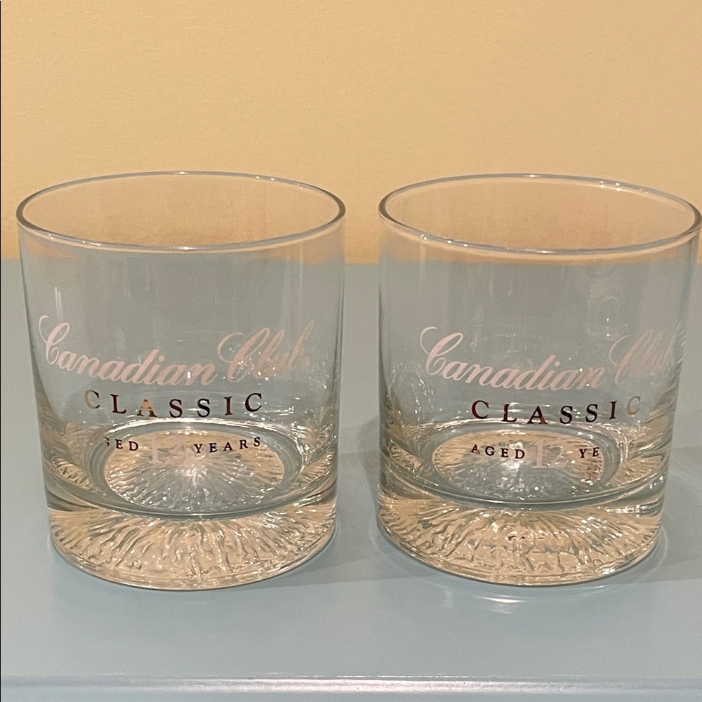 Canadian Club Whisky “Classic Aged 12 Years”Rocks Glasses White & Gold Logo